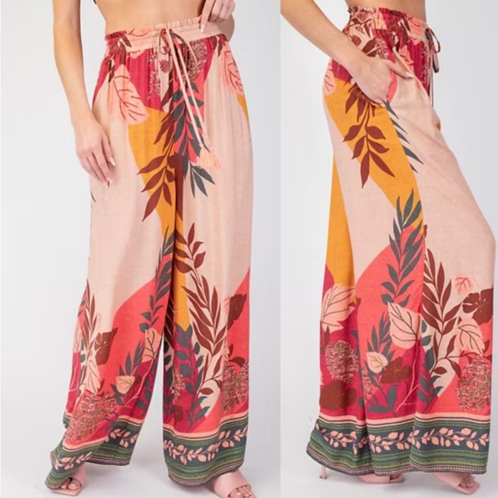 Easel NWT Floral Border Printed Rayon Wide-Leg Pants Size Large - Picture 6 of 7